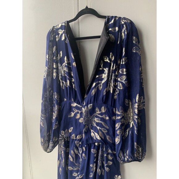 Anthropology DELFI Collective Navy and Silver Print Gown Long Dress Pure Silk L - Picture 6 of 9